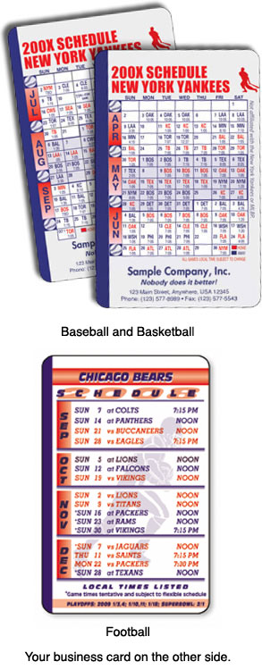 Laminated sports schedule cards